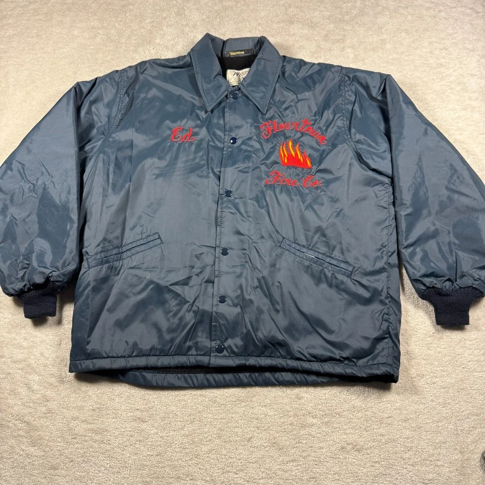West Wind Coaches Jacket Mens L Blue Flourtown Fire Co Embroidered Fur Lined